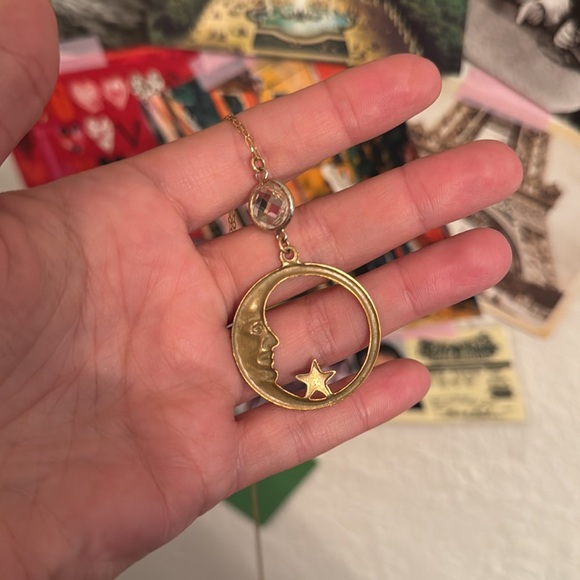Celestial moon brass long dainty necklace - Picture 5 of 6